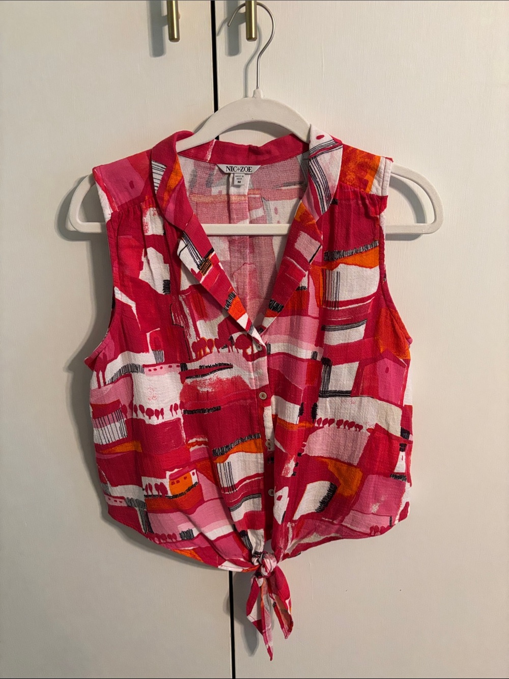 NIC+ZOE Red, Pink, & Orange Abstract Tie-Front Top